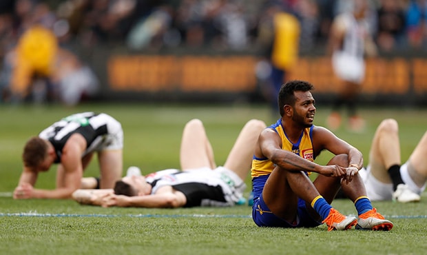 AFL 2018 Toyota AFL Grand Final - West Coast v Collingwood MELBOURNE, AUSTRALIA - SEPTEMBER 29: Willie Rioli of the Eagles reacts as the final siren sounds during the 2018 Toyota AFL Grand Final match between the West Coast Eagles and the Collingwood Magpies at the Melbourne Cricket Ground on September 29, 2018 in Melbourne, Australia. (Photo by Michael Willson/AFL Media)
